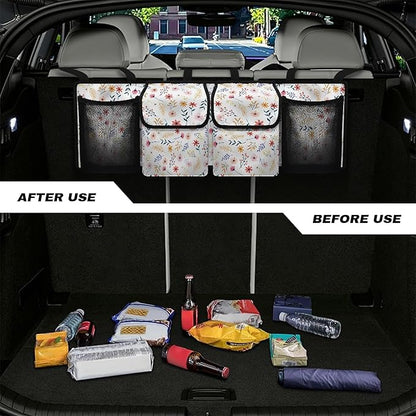 Trunk Organizer for Car Women Flower Backseat Car Organizer for SUV/MPV/Truck, Space-Saving Adjustable Trunk Storage Bag with 4 Pockets, Esay to Install