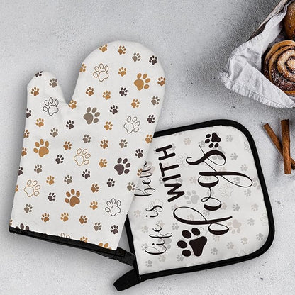 OHSUL Paw Print Oven Mitts and Pot Holders Set, Heat Resistant Oven Gloves with Dog Paws Design in Beige, Perfect for Women. Dog Lovers Kitchen Decor, Owner Mom Gifts.