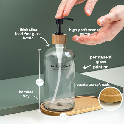Vine Creations Clear Glass Soap Dispenser Set, Hand Soap and Dish Soap Dispenser Set with Bamboo Tray, 16 oz Glass Dispensers Bottle for Kitchen and Bathroom Decor Modern Boho with Bamboo Pump (Clear)