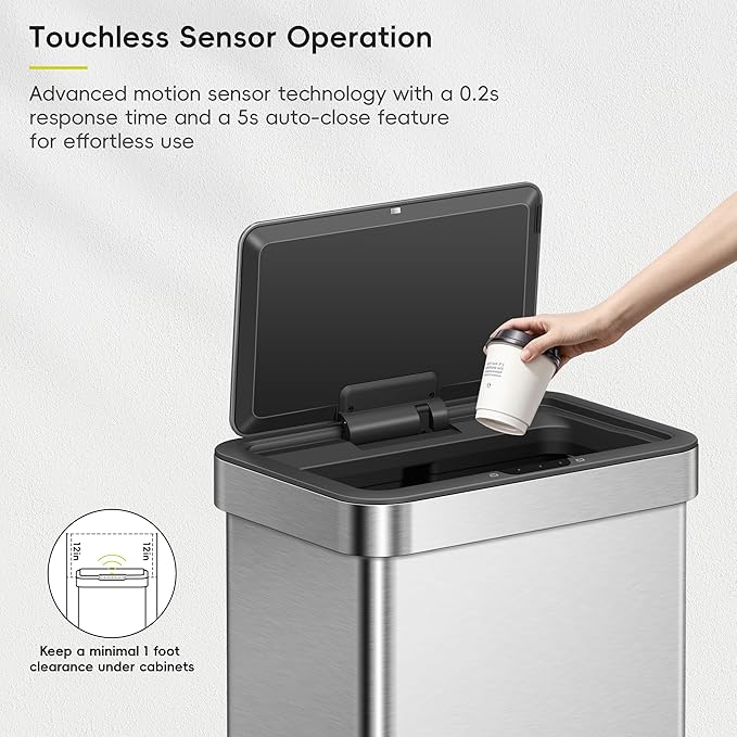 EKO EcoNova 13.2 Gallon/ 50L Automatic Sensor Kitchen Trash Can, Stainless
