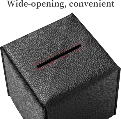 REGELETO Square Tissue Box Cover, Pu Leather Tissue Box Holder with Bottom Belt Modern Stylish Tissue Box Organizer for Bathroom, Bedroom, Hotel, Office Desk 5"X5"X5" (Black)