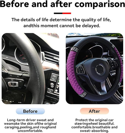 Bling Car Steering Wheel Cover, 15 Inch Rhinestones Soft Leather Elastic Steering Wheel Protector, Sparkly Crystal Diamond for Women Girls, Car Interior Accessories for Most Cars (Purple)