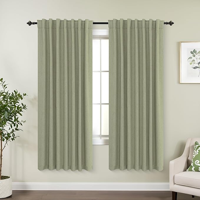 KOUFALL 52x72 Inches Long Sage Green Back Tab Linen Blackout Curtains