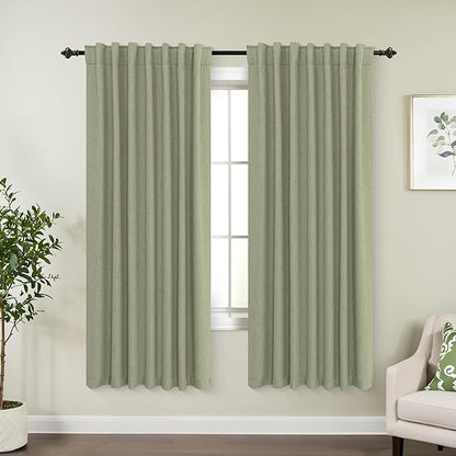 KOUFALL 52x72 Inches Long Sage Green Back Tab Linen Blackout Curtains