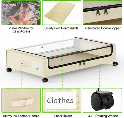 Under Bed Storage with Wheels, 2-Pack Underbed Storage Containers with Clear Lids, Under Bed Shoe Storage Organizer, Rolling Under Bed Storage for Clothes Shoes Blankets (Beige)