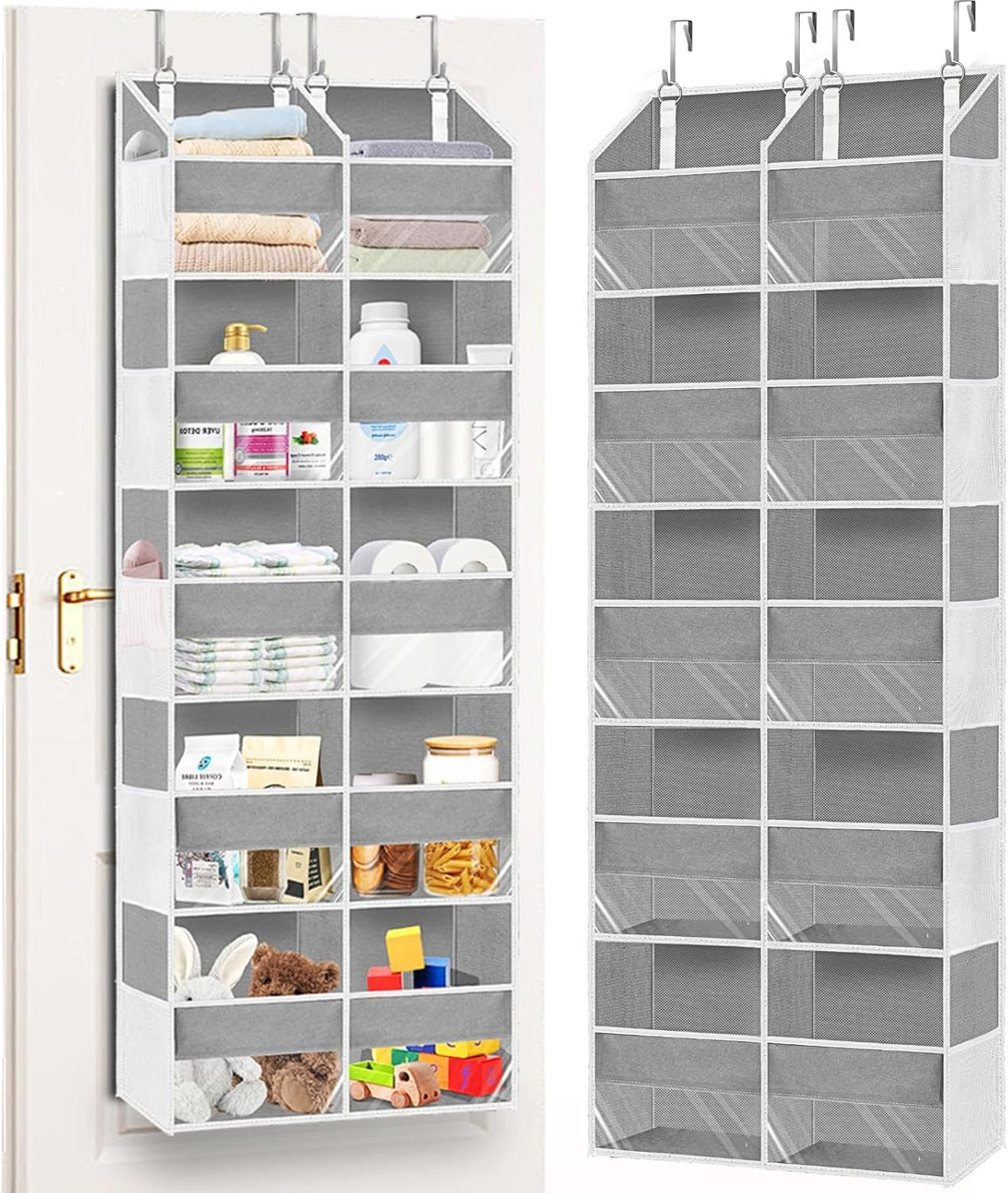 Over The Door Organizer, 5-Tier Extra Large Behind Door Storage with 10 Big Front & 10 Mesh Pockets, 80lb Capacity, Hanging Storage Organizer with Clear Window Kids Toys, Shoes, Diapers, Light Grey