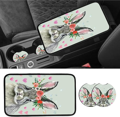 Car Armrest Cover Pads Universal Fashion Cute Auto Center Console Armrest Cover Pad with 2PCS Car Coasters Soft Waterproof Car Armrest Seat Protector for Women, Cute Gray Rabbit