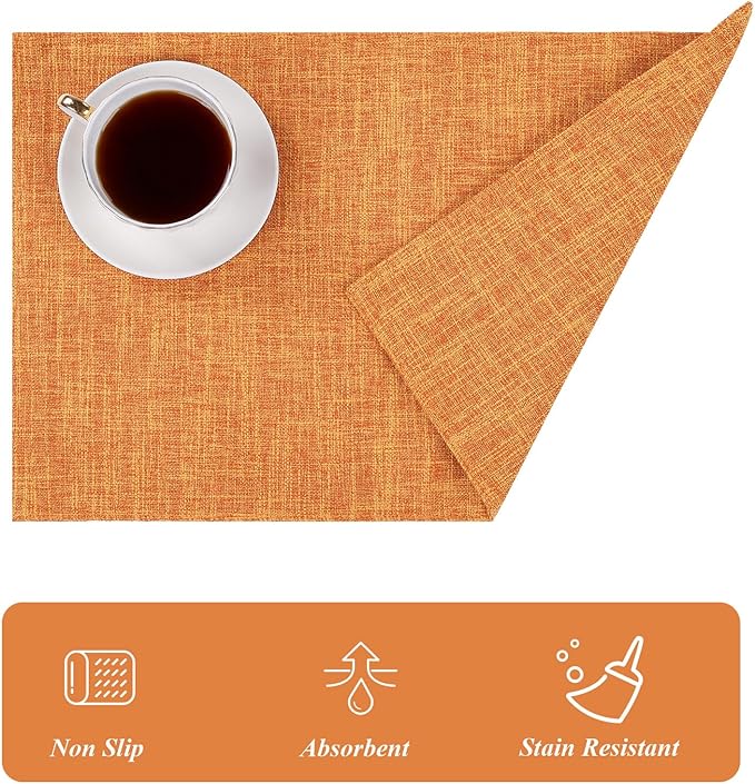 SHACOS Fall Placemats Set of 4 Washable Cloth Double Layer Thick Faux Linen Fabric Table Place Mats Non Slip Table Mats for Thanksgiving Indoor Outdoor, Orange