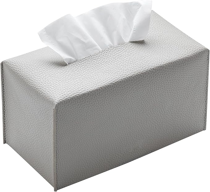 REGELETO Pu Leather Tissue Box Cover, Rectangular Holder with Bottom Belt - Modern Decorative Organizer for Bathroom, Car, Bedroom, Hotel, Office (Grey)