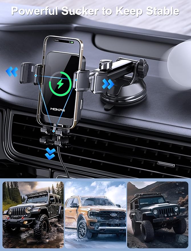 Wireless Car Charger, MOKPR 15W Fast Charging Auto Clamping Dashboard Windshield Air Vent Car Phone Holder with LED Light Car Charger for iPhone 16 15/14/13/12 Pro Max Plus, Samsung S23/S22/S21,etc
