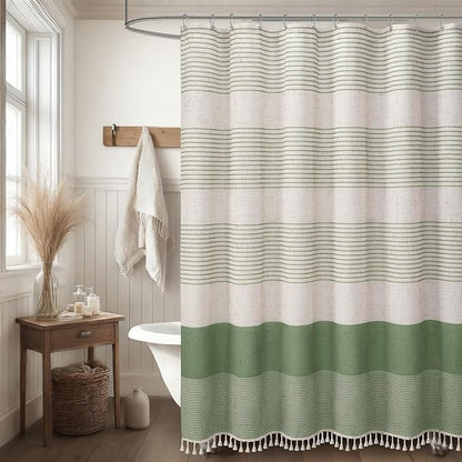 XOGUIBO Sage Green Shower Curtain Boho Linen Striped Shower Curtains for Bathroom with Tassel 72 X 72
