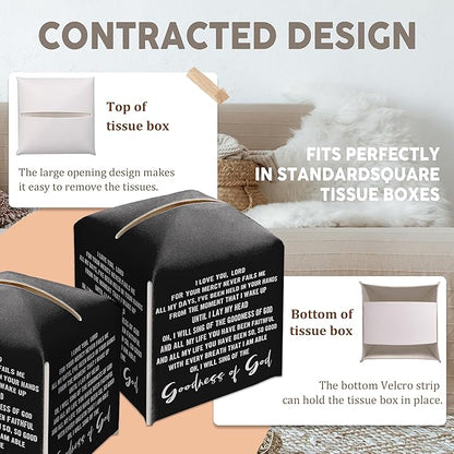 Christian Decorative Tissue Box Cover Square, Black Tissue Box Cover Leather, Inspirational Quote Gift Ideas for Family Friends, Goodness of God Decor for Bathroom Office-(5.2 Inches)