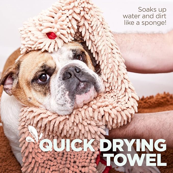 Soggy Doggy Super Shammy Dog Towel - Microfiber Chenille Towel for Drying Dogs and Cleaning Paws - Fast Drying with Hand Pockets for Ease (Beige/Red Trim, 31” x 14”)