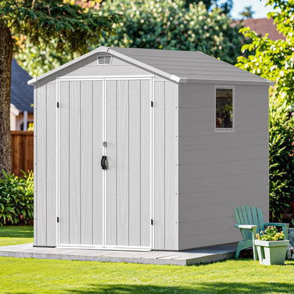 Devoko 6x6 FT Plastic Outdoor Storage Shed - Lockable Resin Tool Shed with Window & Floor - Easy Assembly for Garden, Backyard, Light Gray