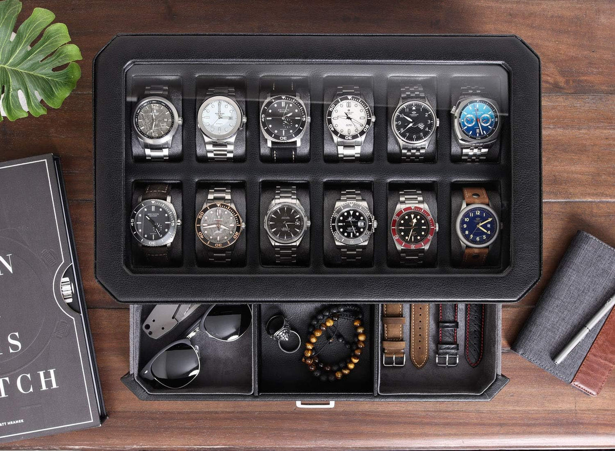 ROTHWELL 12 Slot Leather Watch Box with Valet Drawer - Luxury Watch and Jewelry Case Display Organizer, Microsuede liner, Mens Locking Storage Holder Large Glass Top (Black/Grey)