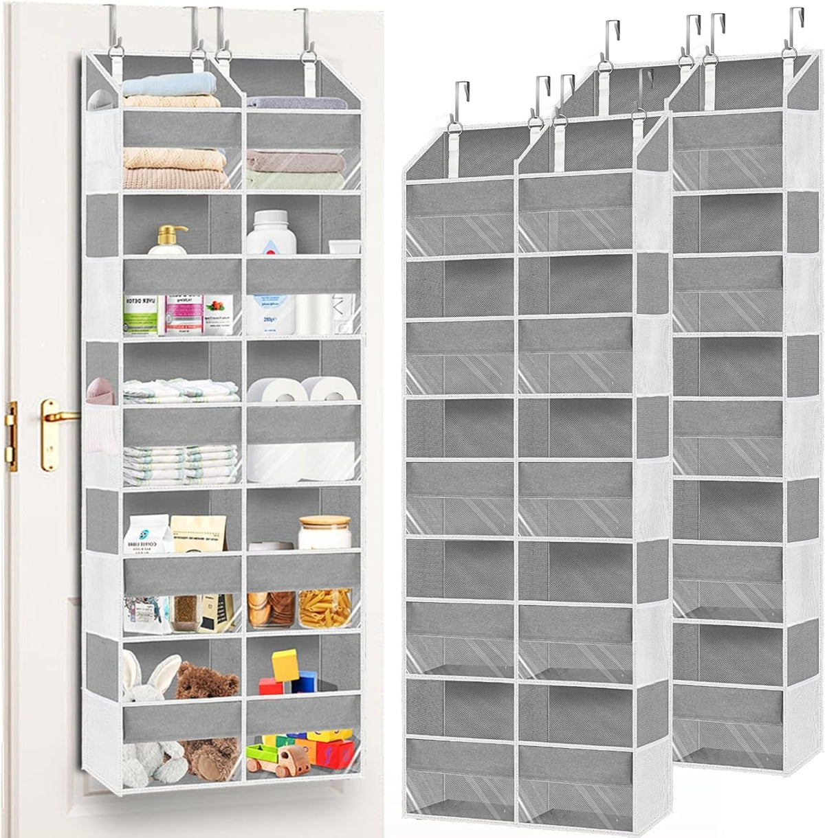 2 Pack Over The Door Organizer 5 Tiers, Extra Large Behind Door Storage of 10 Compartments, 80 lbs Weight Capacity Over Door Organizer, Door Hanging Organizer for Closet, Diaper Organizer, Light Gray