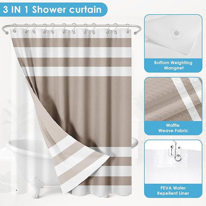 Nesphy Shower Curtain and Liner, Taupe Striped 3 in 1 Shower Curtain and PEVA Liner Set with 12 Rust-Resistant Metal Hooks, Waterproof Fabric Shower Curtains for Bathroom, 72 W x 72 H