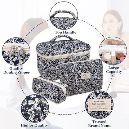 Gosect Makeup Bag Set, Quilted Makeup Bag, Large Floral Cosmetic Bag for Women, Cute Cotton Makeup Bags, Flower Travel Toiletry Organizer Bag (Black Rose Flower)