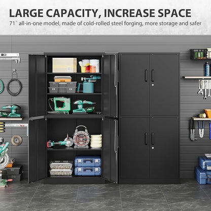 Metal Storage Cabinet with 3 Adjustable Shelves and 4 Doors, Steel Tool Cabinets