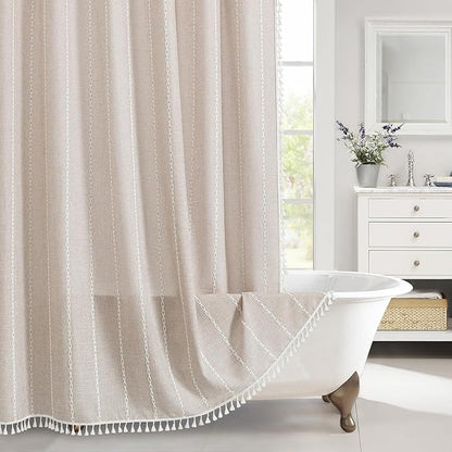 MitoVilla Boho Extra Long Shower Curtain 72 x 96, Taupe Modern Farmhouse 96 inch XL Polyester Linen Texture Tassel Fabric Shower Curtain Set with Hooks for Cottagecore Country Bathroom Decor,Taupe