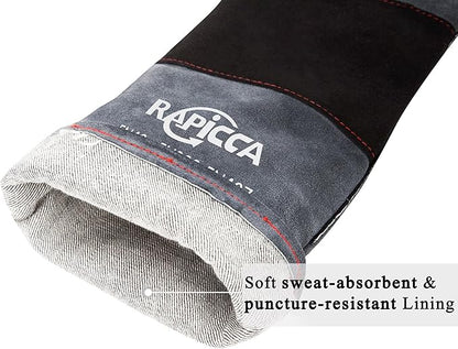 RAPICCA Animal Handling Gloves Bite Proof Double Leather Reinforced Padding Dog,Cat Scratch,Bird Handling Falconry Gloves Grabbing Reptile Squirrel Snake Bite 16in Grey-Black