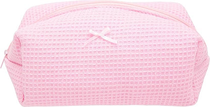 Cozy Makeup Bag Travel Cosmetic Bag for Women Soft Toiletry Bag Aesthetic Makeup Organizer Portable Large Zipper Pouch for Skincare Beauty Accessories Brushes Walffle Check Pink