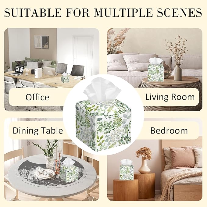 POIUBLE Green Leaves and Fern Tissue Box Cover Leather Tissue Box Holder Square Facial Paper Organizer Dispenser for Bathroom Kitchen Bedroom Vanity Countertop Night Stands