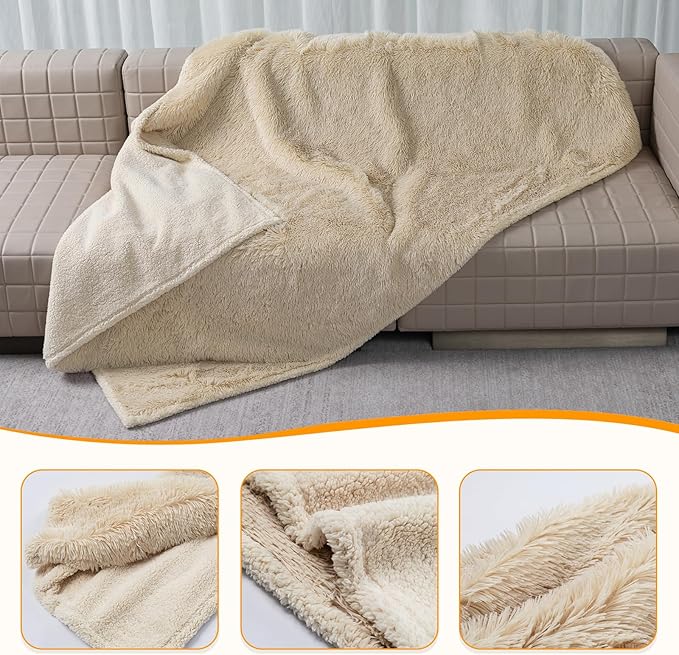 Wowchine Calming Dog Blanket,Waterproof Long Faux Fur Pet Blankets for Medium Puppy Cat Reverible Sofa Couch Covers Washable Pets Ded Cover Cream S-40x28in