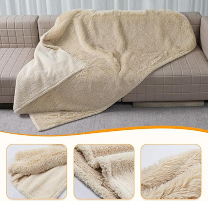 Wowchine Calming Dog Blanket,Waterproof Long Faux Fur Pet Blankets for Medium Puppy Cat Reverible Sofa Couch Covers Washable Pets Ded Cover Cream S-40x28in