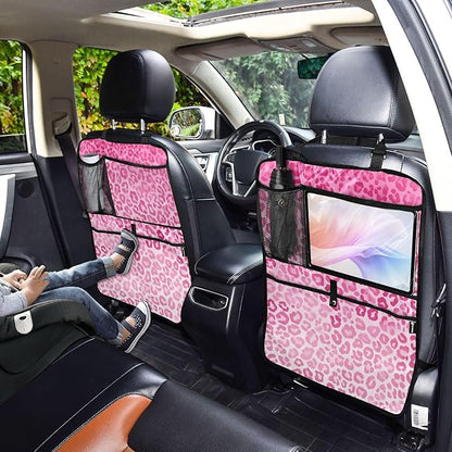 1 Pack Back Seat Car Organizer with Storage Pockets Kick Mats Back Seat Protector Hanging Car Organizer Automotive Seat Back Cover Organizers Gradient Pink Leopard Print