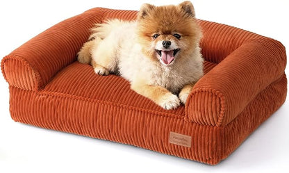 FUKUMARU Dog Couch Bed, Corduroy Cozy Cat Bed for Indoor Cats with Washable Cover, 28in Waterproof Orthopedic Dog Beds Sofa for Small Dogs and Large Cats, Cute Warm Cotton Pet Sofa, Orange