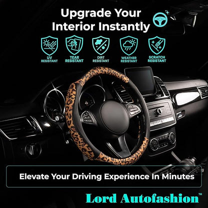 Lord Autofashion Steering Wheel Cover – PU Leather, Non-Slip Rubber Inner, All-Season Comfort – 14.5–15 Inch (Black/Leopard 8684)