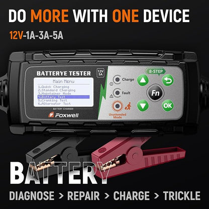 FOXWELL BC521 5A 12V Battery Charger & Tester, 4-in-1 Battery Maintainer