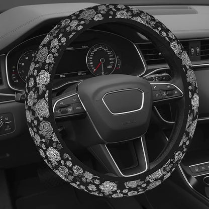 Cute Steering Wheel Cover for Women, Machine Washable Universal 14.5-15.5 inch Non-Slip Grip All Weather Use (Black White Rose)