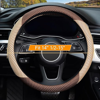 KAFEEK Steering Wheel Cover, Universal 15 inch, Microfiber Breathable Ice Silk, Anti-Slip, Odorless, Beige& Brown