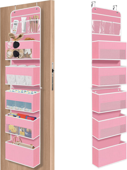 6-Tier Over The Door Organizer Hanging Storage Organizers with Clear Window 40lb Large Capacity Room Organizer for Pantry Bathroom Nursery Closet(Pink)