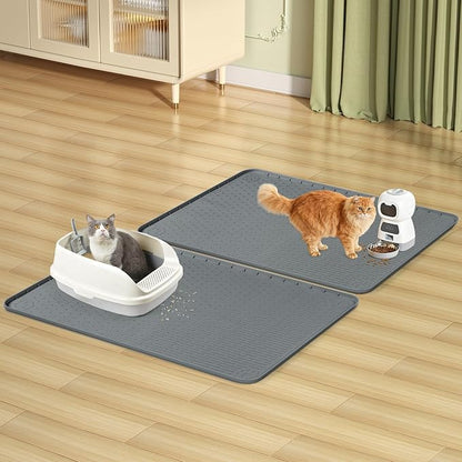 Bartuke Cat Litter Mat, 2 Pack Large 34" x 22" Silicone Mat Litter Trapping Mat for Scatter Control, Soft on Kitty Paws, Easy to Clean (Dark Grey)