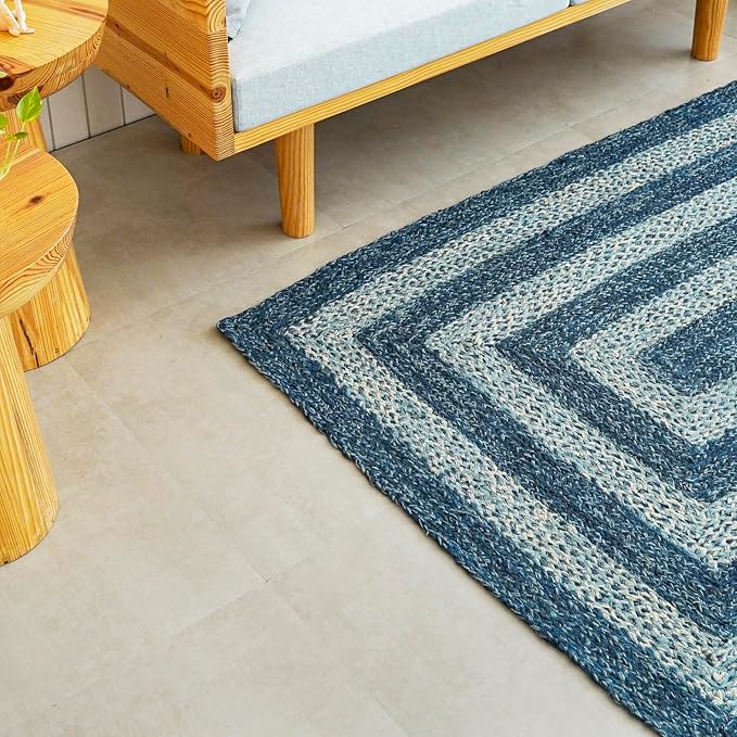 Traditional Jute Braided Runner Rug, Rustic Primitive Country Décor for Kitchen, Entryway, Hallway, Denim Blue, 2'6"X8'