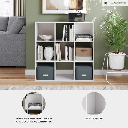 Signature Design by Ashley Onita Modern 3-Tier Floor Standing 9 Cube Organizer for Living Room, Wood, Works with 10.5" W x 10.5" D x 11" H Storage Bin (Sold Separately), White