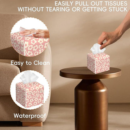 Tissue Box Cover Leather Tissue Box Holder Cube Tissue Case Cover Facial Paper Organizer Dispenser for Bathroom, Vanity Countertop, Office Desk (Vintage Groovy Flowers)