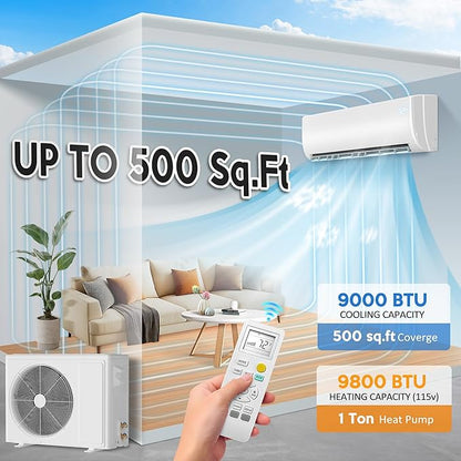 9000 BTU Mini Split Air Conditioner ＆ Heat Pump - 110V/120V Wall Mount Ductless