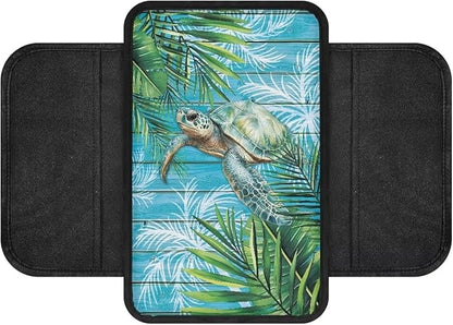 Dreaweet Tropical Leaf Print Car Armrest Cover Sea Turtle Car Accessories Center Console Cover with Pockets,Soft Arm Rest Cover for Car SUV Truck Sedan Van