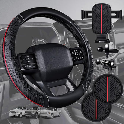 CAR PASS Leather Rubber Steering Wheel Cover Combo Set Universal Fit for Truck SUV Car Ram F150 Tundra 4Runner Tacoma Mobile Phone Holder Anti-slip Heavy Duty Tire Tread Large-size 15.5"-16" Black Red