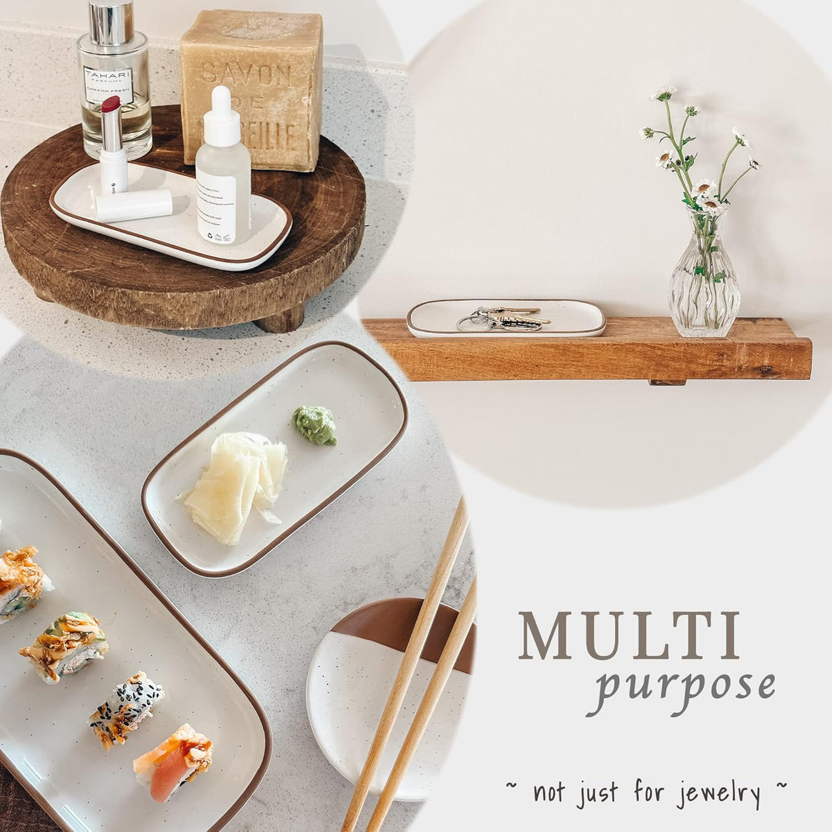 Mora Mini Ceramic Decorative Tray, 6.4 x 3.2 Inch Palm Sized Rectangle Dish for Jewelry, Perfume, Makeup, Accessories, Candle, Cute Organizer for Bathroom Vanity, Bedside, or Kitchen Counter, White
