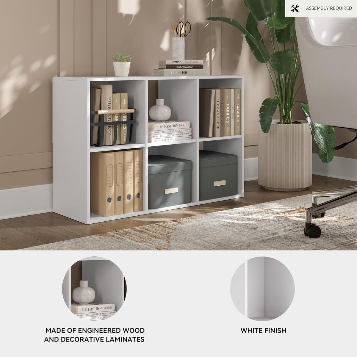Signature Design by Ashley Onita Modern 3-Tier Floor Standing 6 Cube Organizer for Living Room, Wood, Works with 10.5 W x 10.5 D x 11 H Storage Bin (Sold Separately), White