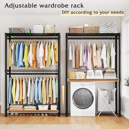 Raybee Clothing Rack with Wheels,Clothes Rack for Hanging Clothes,Portable Closet,2 Shelves,Black