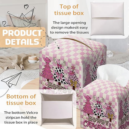Howdy Christmas Tissue Box Holder, Pink Checkered Cowgirl Western Christmas Trees Leather Tissue Box Cover Square, Paper Facial Decorative Tissues Cover for Bathroom Office Home Decor-B07