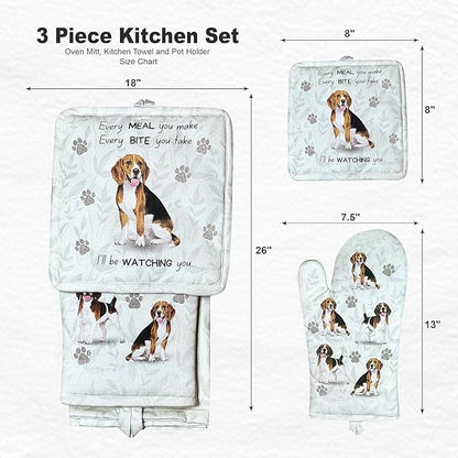 Beagle 3-Piece Kitchen Set - Oven Mitt, Pot Holder & Kitchen Towel Set, Heat Resistant up to 420 F, Soft Quilted Cotton for Cooking, Baking, BBQ, Pet Lover Gifts (Beagle)
