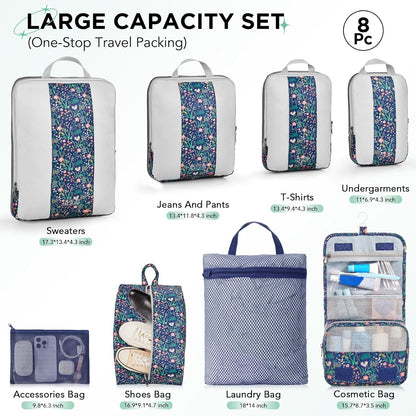 8 Set Compression Packing Cubes for Travel Essentials,Compressible Expandable Packing Cubes for Suitcase,OlarHike Luggage Organizer Bags for Travel(Dark Blue Floral)