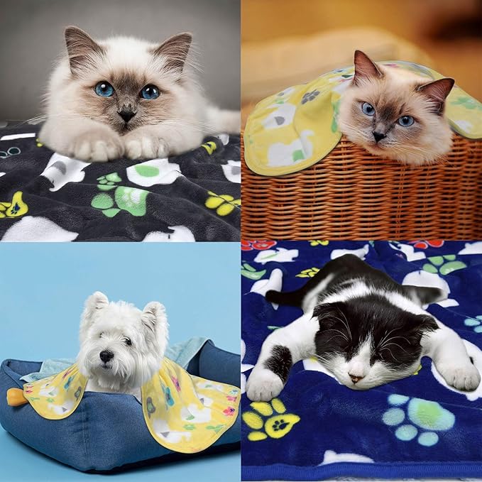 Rezutan Dog Blanket for Medium Dogs 1 Pack 3 Premium Soft Cat Puppy Blankets, 31x24 inch,Flannel Cute Elephant & Paw Print for Small Kitten,Grey/Blue/Yellow.